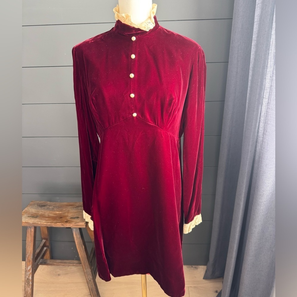 Vintage Red Velvet Like 1960’s Zippered Dress with Cream Lace, Christmas - Picture 1 of 16